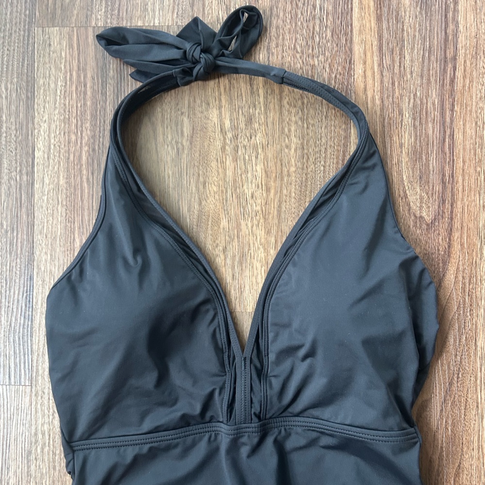 TOMMY BAHAMA Black Plunge Neck Halter Mesh Trim One Piece Swimsuit Minimalist 12 - Picture 3 of 8